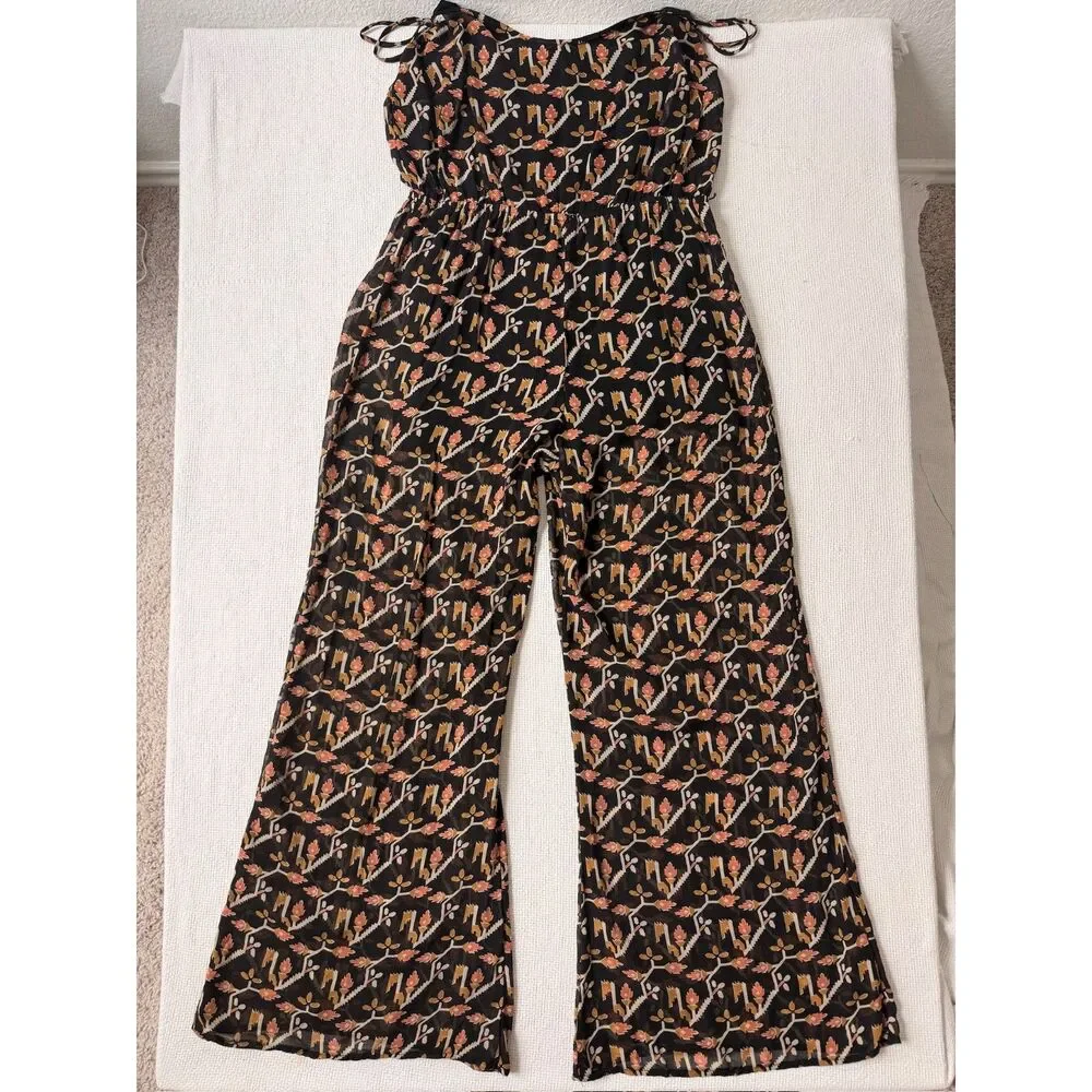 Dolan 100% Silk Printed Wide Leg Jumpsuit Black Floral Tie Shoulder Medium USA - Picture 4 of 6